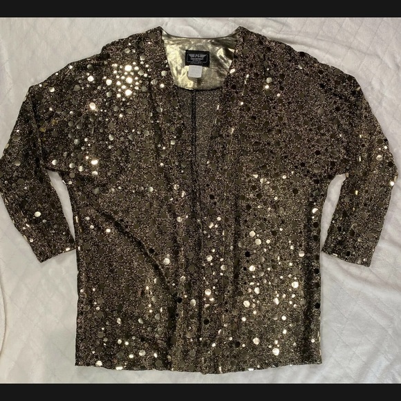 Vtg PG Collections Ginger Bort Gold Sequins Open Cardigan Festival Disco Retro - Picture 2 of 11